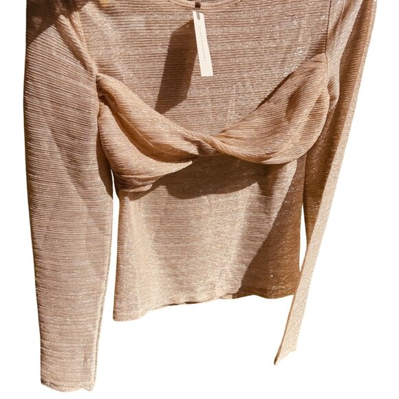 By Anthropologie Twist Front Shine Top Gold Metallic Long Sleeve Sheer Sz Small - Picture 7 of 8